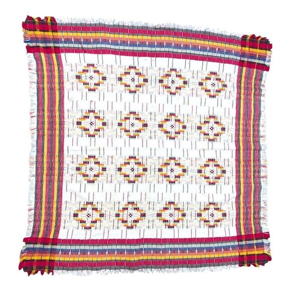 Handwoven Rainbow Swedish Bridge Tablecloth 40" Geometric Pattern Fringed Edges - Picture 3 of 4